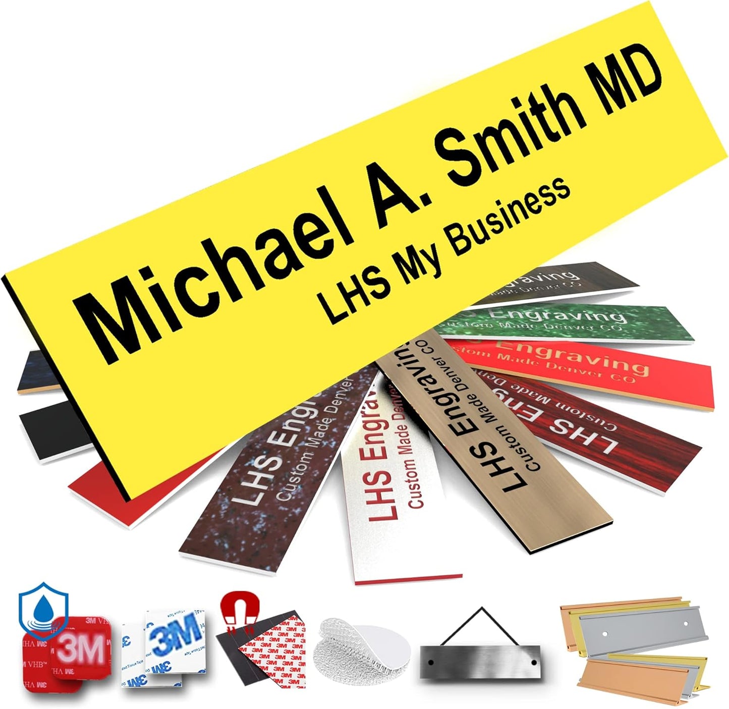 Door Name Plate Personalized for Office Yellow Plastic Name Plate Black Letters - Made in USA 2x10 B4