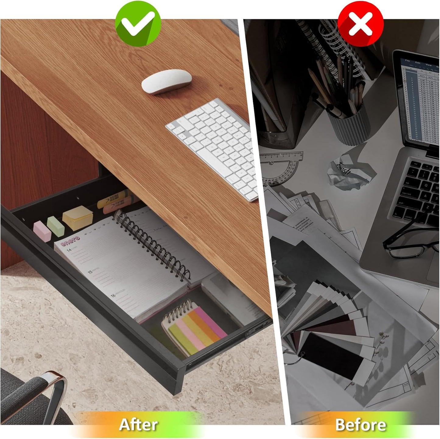 Under Desk Drawer For Desk 23.5 in, Pull out Storage Organizer with Slide Extension Mounted Under Flat Wooden Table or Workbench, Carbon Steel Hidden Desk Drawer