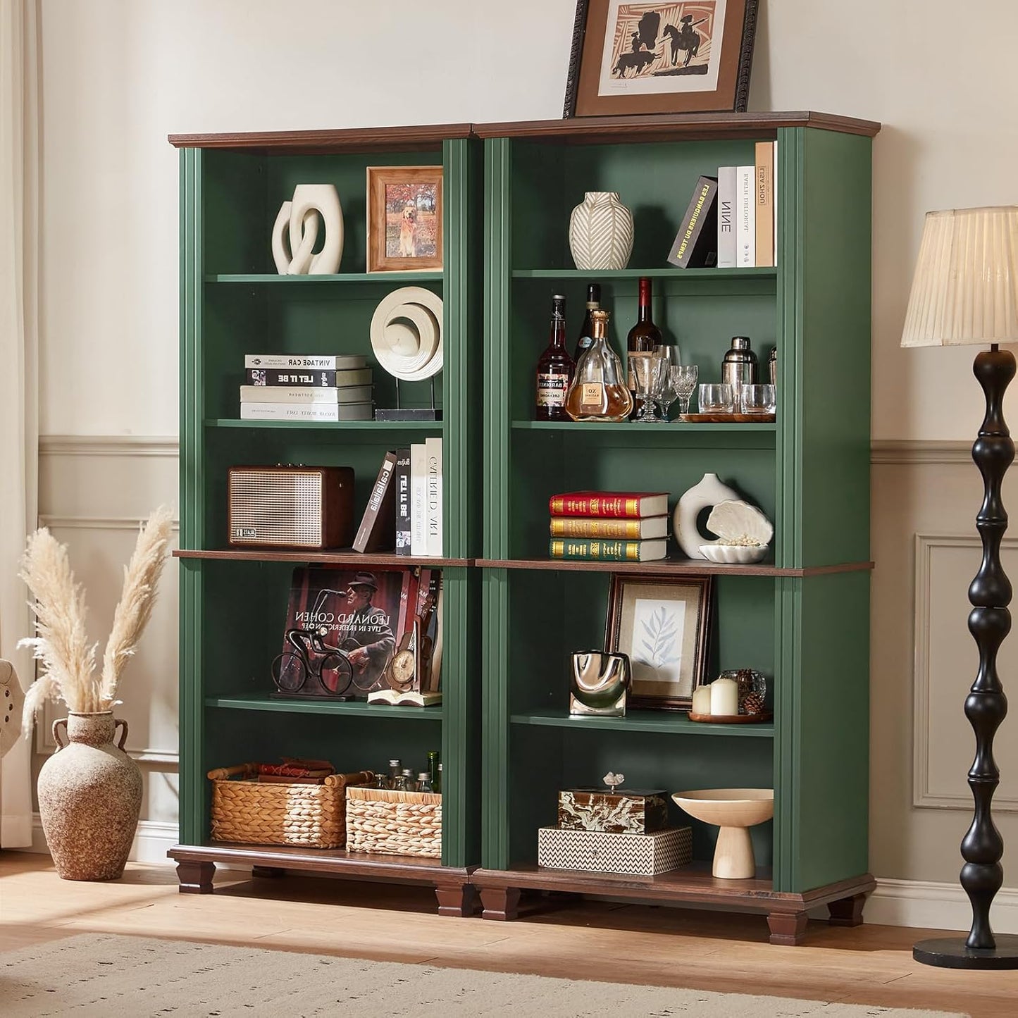 70" Tall Green Bookshelf,5 Tier Wooden Book Shelf with Adjustable Shelves & Wood Legs,Free Standing Farmhouse Bookcase with Open Display Storage,Vintage Bookshelves for Library, 2PCS