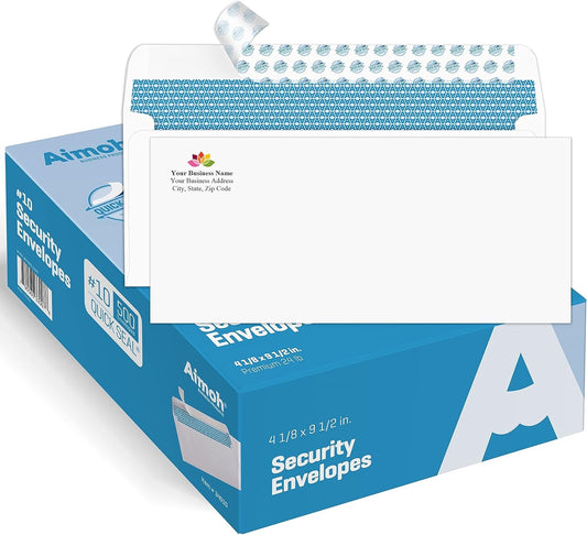Aimoh 500#10 Custom Printed Security Tinted Self-Seal Envelopes - Personalized with Logo and Address/Return Address Imprinted -Size 4-1/8 X 9-1/2" -White -24 LB -Box of 500 Count (7-34010-500)