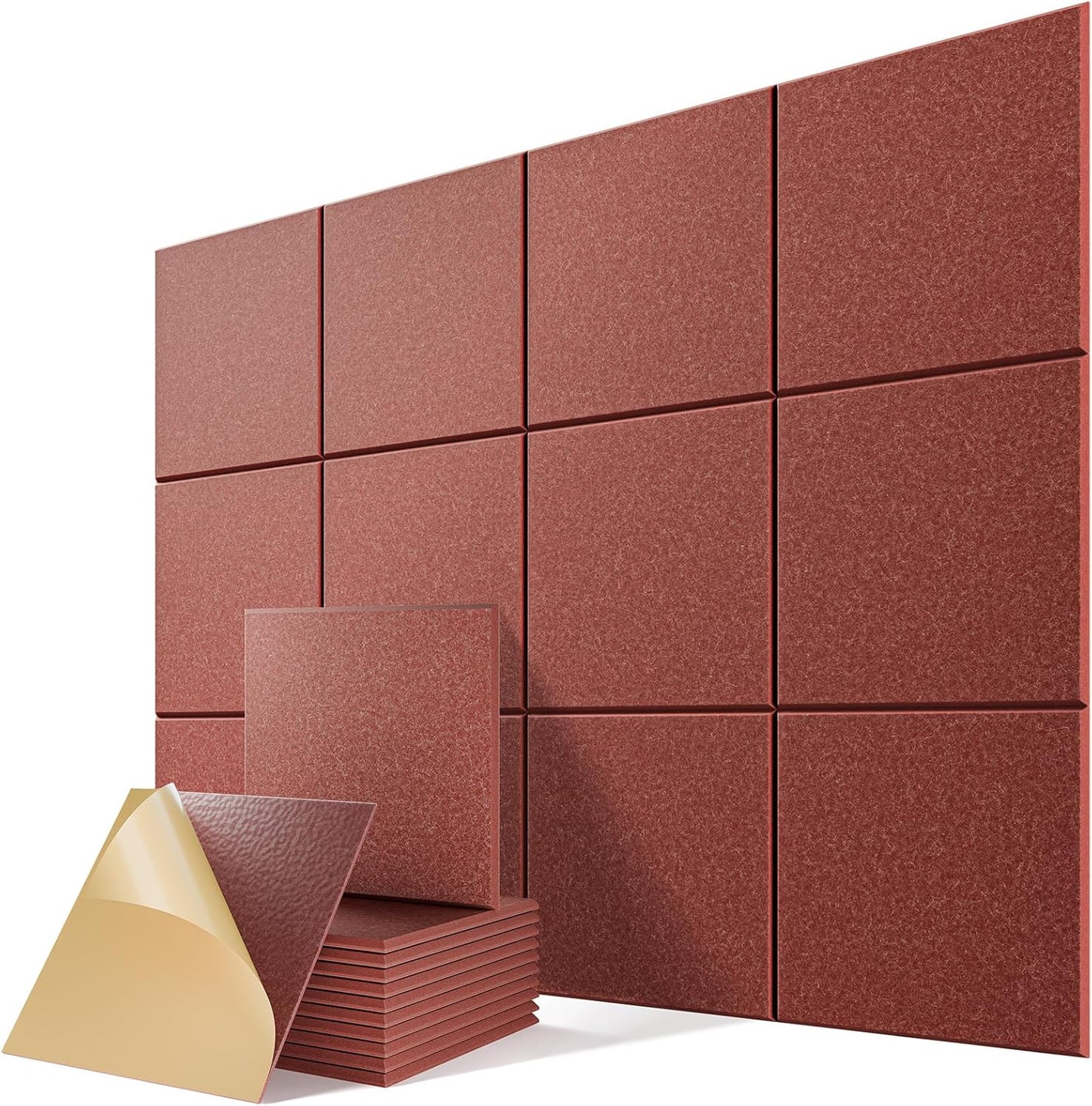 12 Pack Self-Adhesive Acoustic Panels, 12" X 12" X 0.4" High-Density Sound Proof Foam Panels for Walls, Soundproof Wall Panels for Home & Office (Red)
