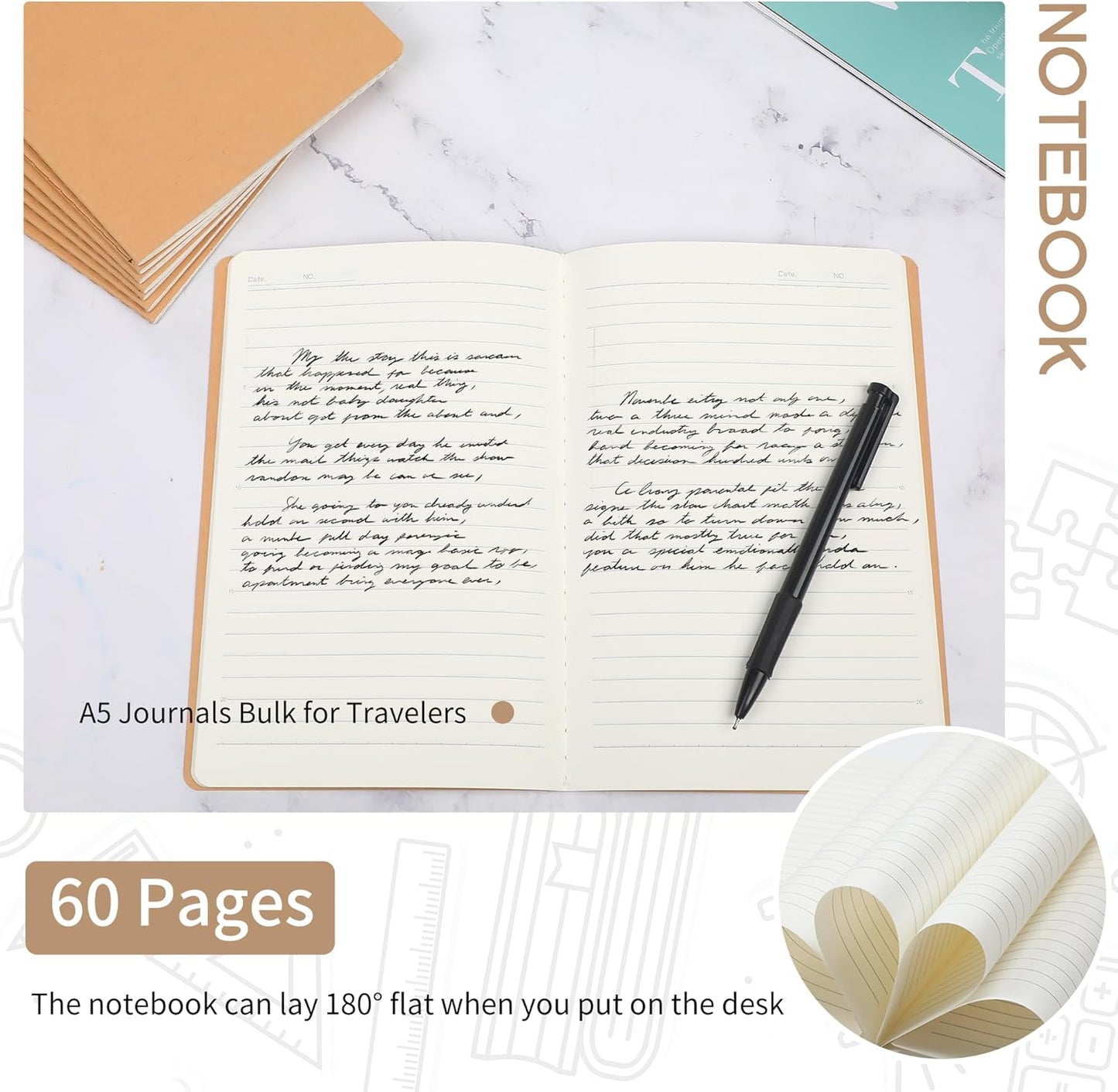 miikoul 48 Pack A5 Kraft Paper Notebook Lined Journal Bulk, 8.3 X 5.5 Inch, 60 Pages/30 Sheets, 80gsm, Travel Notebook Notepad for Adult, Students, Gift, Office, Back to School Supplies