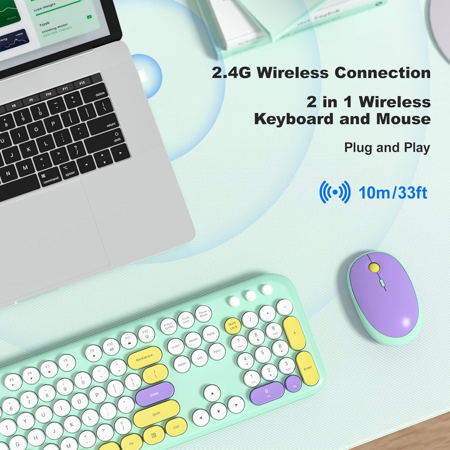 Wireless Keyboard and Mouse Combo, Typewriter Full Size Keyboard with Number Pad and 2 in 1 USB Connected Mouse Plug Play for Windows 7/8/10, Laptop, Desktop, PC, Computer
