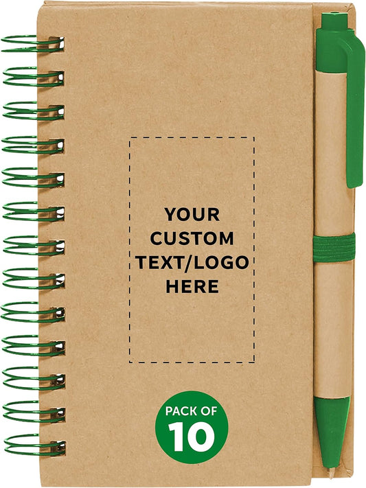 Custom Mini Spiral Notebooks with Black Ink Pens Set of 10, Personalized Bulk Pack - Perfect for School, Office, Business, Home - Green