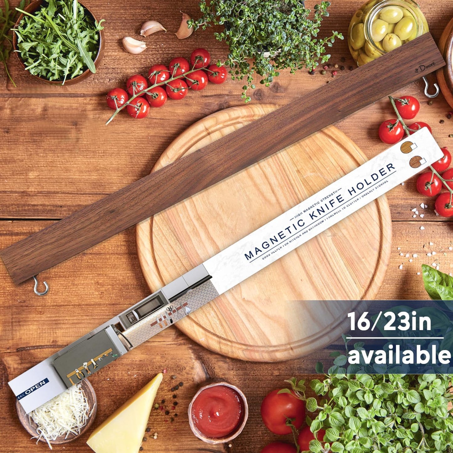 Dmore magnetic knife holder for wall—with 2 hooks, No Drilling 23 Inch walnut knife magnetic strip, Powerful knife magnet rack, include Adhesive Tape and screws for Knives, Utensils, and Tools