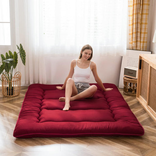 MAXYOYO Japanese Floor Futon Mattress - Thicken Sleeping Pad, Foldable Roll Up Mattress Topper, Guest Floor Bed, Burgundy, Queen