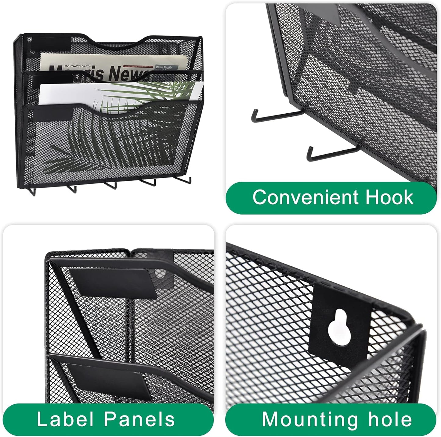 EASEPRES 3 Pocket Mesh Hanging File Organizer with Key Holder Hooks & Nametag Label, Wall Mounted Mail Paper Document Folder Clipboard Storage Organization Magazine Rack for Office Cubicle, Black