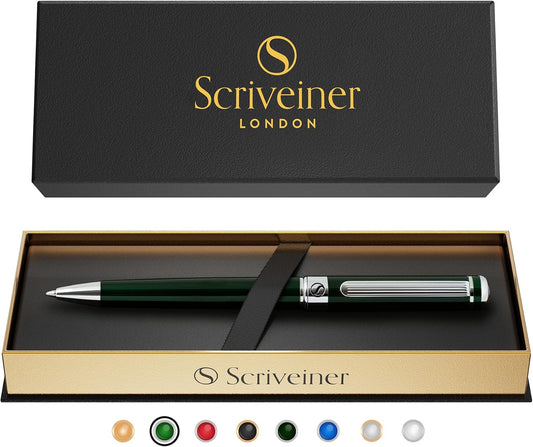 Scriveiner Green Ballpoint Pen - Stunning British Racing Green Luxury Pen, Chrome Finish, Schmidt Black Refill, Best Ball Pen Gift Set for Men & Women, Professional Executive Office, Nice Designer Pen