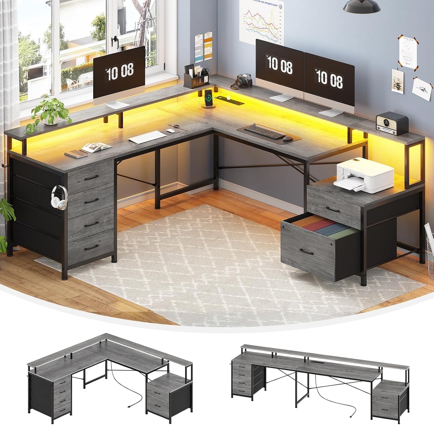 SEDETA L Shaped Desk with 6 Drawer, 108" Home Office Desk with File Drawer & Power Outlet, Corner Computer Desk with Monitor Shelf, Two Person Desk, Gaming Desk with Led Lights, Grey