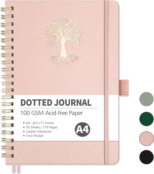 RETTACY Bullet Dotted Journal Notebook, 110 Pages, A4 Large Size (8.5" × 11"), Leather Hardcover, 100 GSM Thick Paper, Spiral-bound, for Bullet Journaling, Planning, Tracking (Rose Gold)