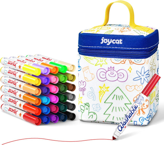 JoyCat 30 Count Washable Markers for Kids, 30 Colors Washable Markers Set with Carrying and DIY Coloring Fabric Storage Bag, Coloring Marker Bulk for Boys Girls Toddler, School Classroom Supplies