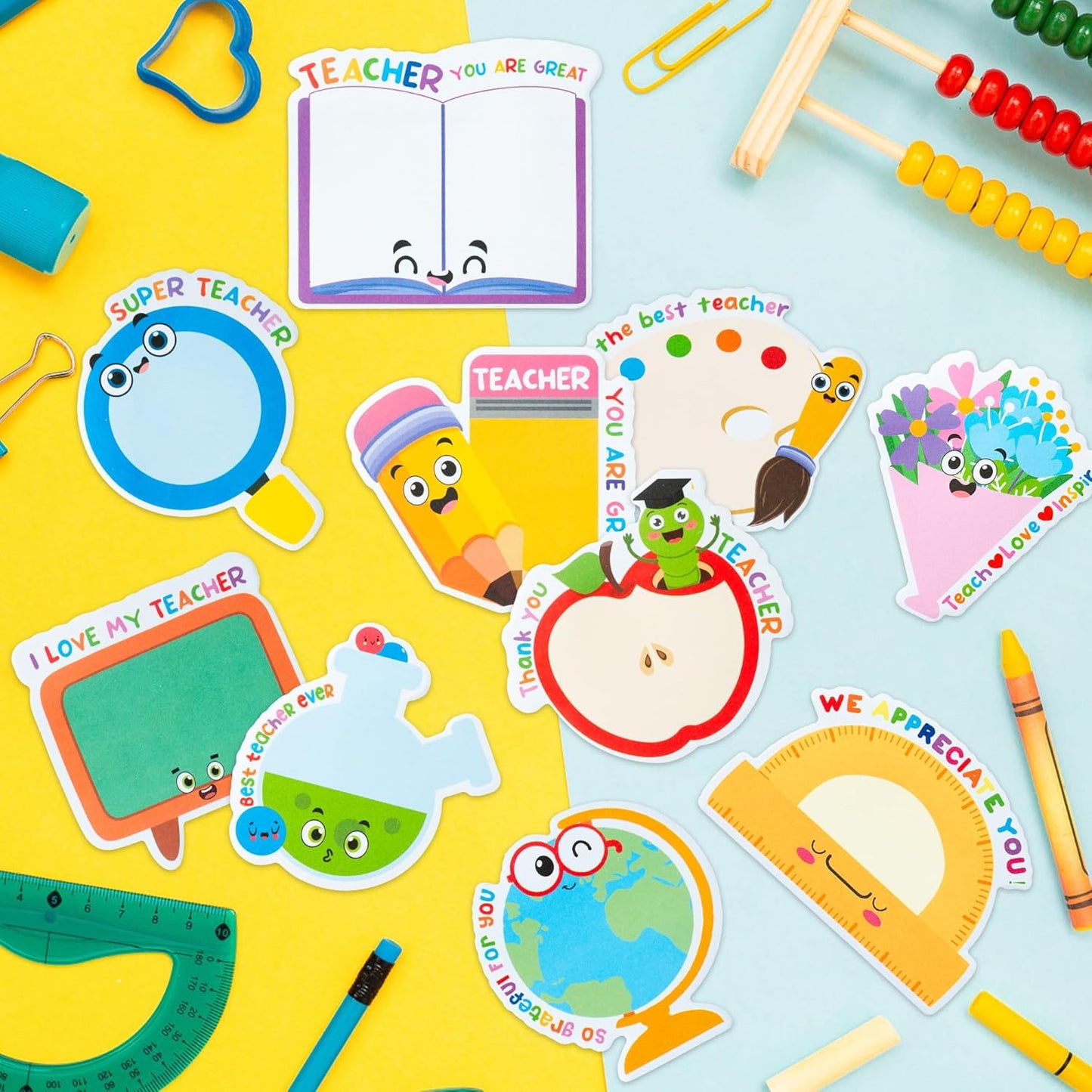 Xqumoi 30 Pack Teacher Sticky Notes - Notepads Book Pencil Ruler Shaped Set Self-Sticky Writing Memo Pads Page Marker for Appreciation Gift Back to School Office Supplies