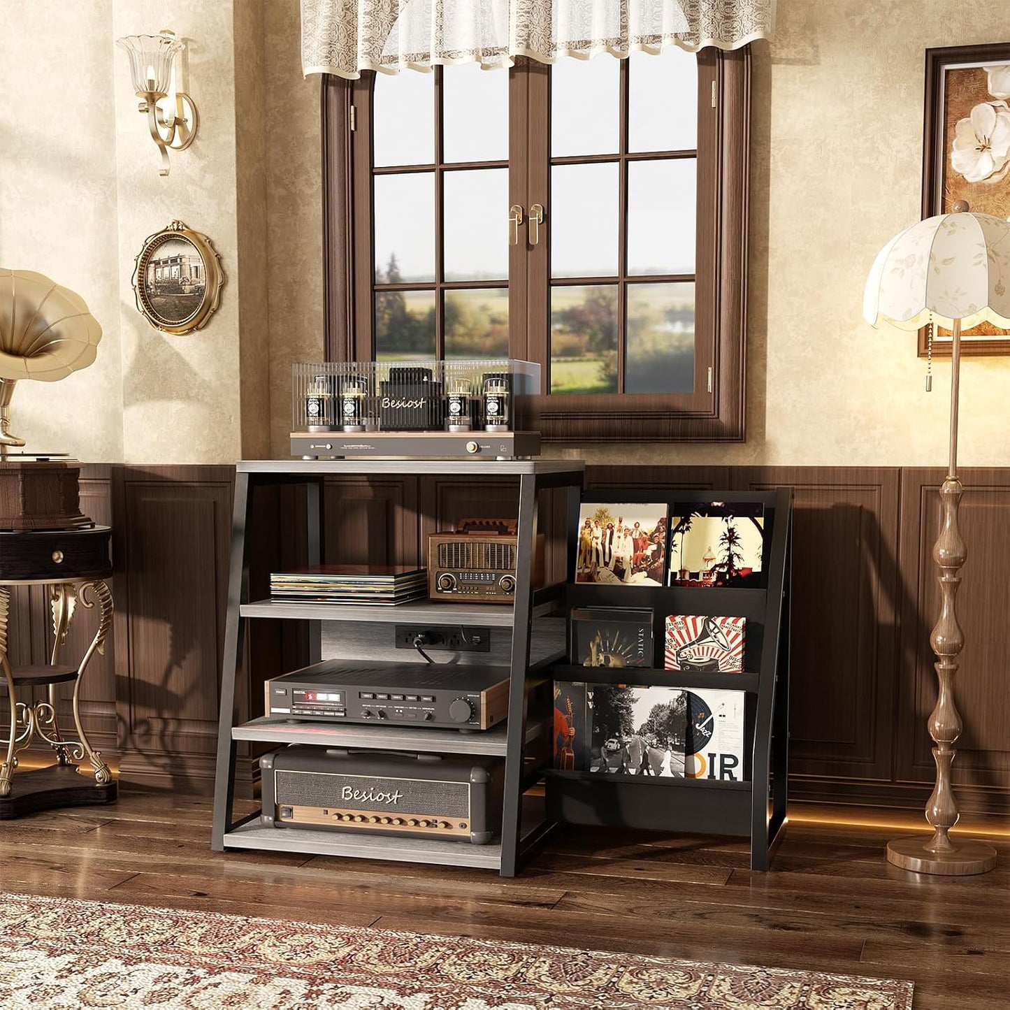 AV Media Stand with Outlets, Stereo Stands and Racks with Vinyl Storage, Stereo Stand with Record Storage, Audio Stereo Rack Cabinet, Turntable Console Stand with LED lights, 4 Tiers, Walnut Grey