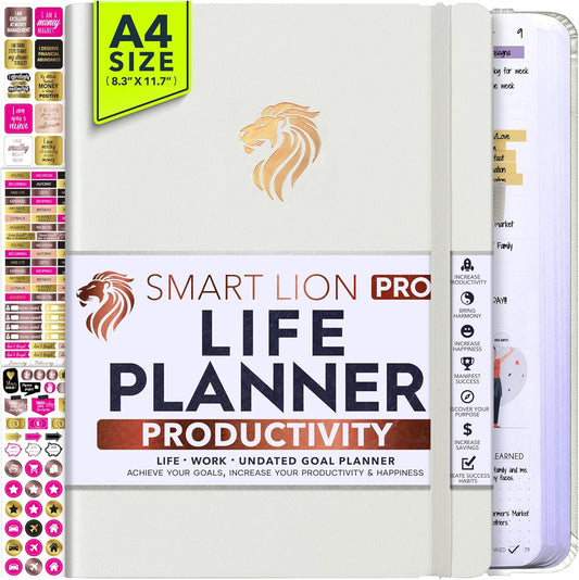 Life Planner - Undated Daily, Weekly & Monthly Planner with Budget Section | A 12 Month Journey to Increase Productivity & Happiness | Life Organizer & Gratitude Journal - Horizontal Format