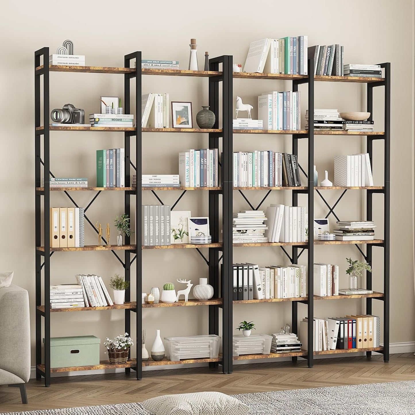 oneinmil 6 Tier Bookshelf Set of 2, 71.5'' Industrial Wood Bookshelves, Book Shelf with 12 Open Display Shelves & Metal Frame, Tall Bookcase for Home and Office, Rustic Brown