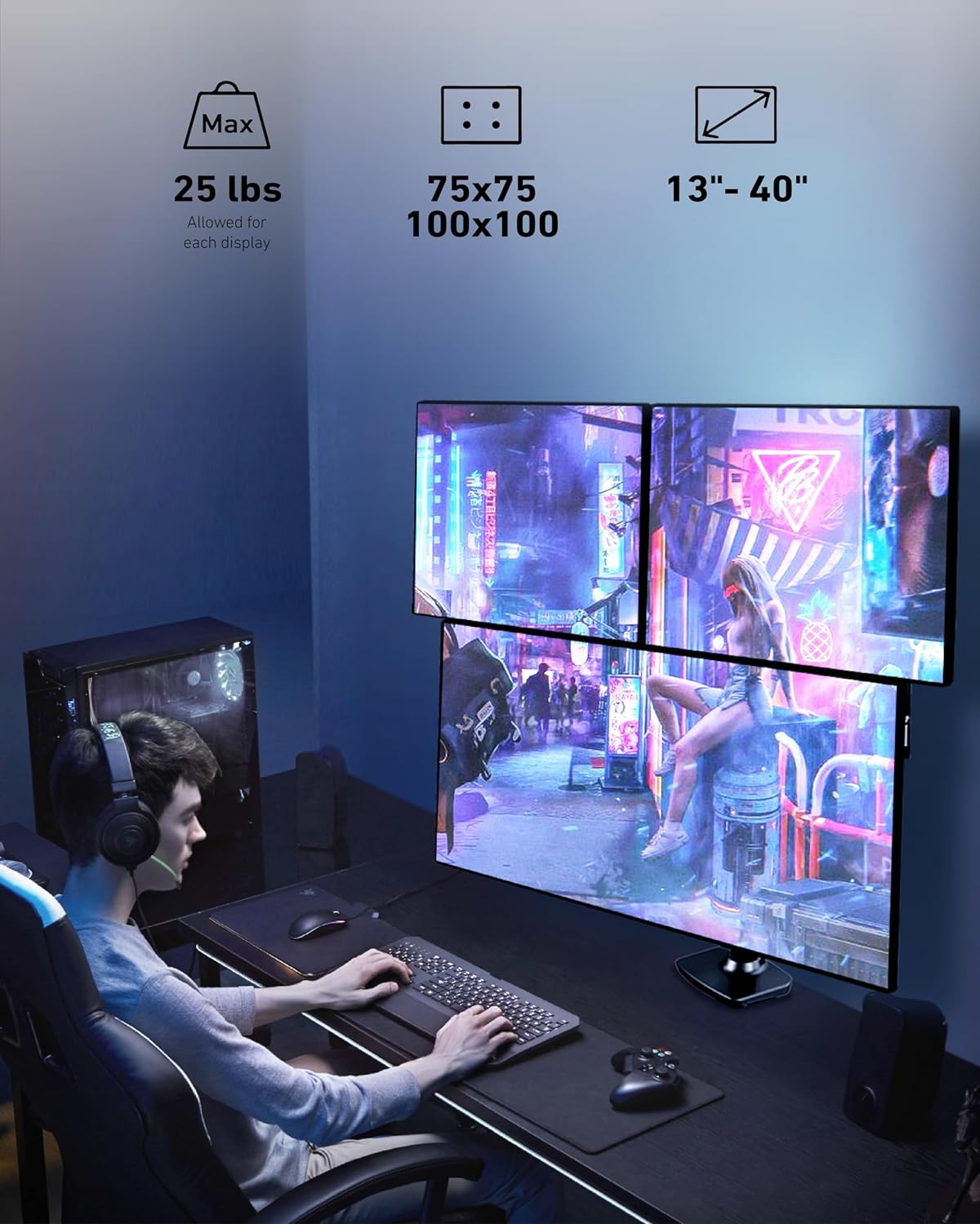 Triple Monitor Mount, Holds Screens up to 40 Inches and 25 lbs, Fully Adjustable 3 Monitor Desk Mount with C-Clamp and Grommet Base, Aluminum, Black