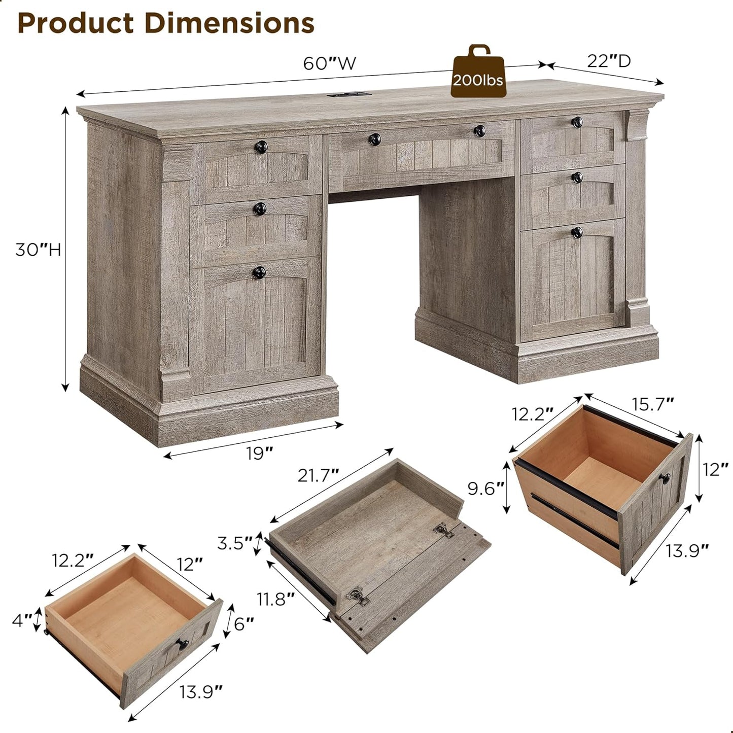 OKD 60" Executive Desk with Drawers, Farmhouse Home Office Desk with Charging Station, Keyboard Tray, File Cabinet Storage, Wood Computer Desk for Work and Study, Light Rustic Oak