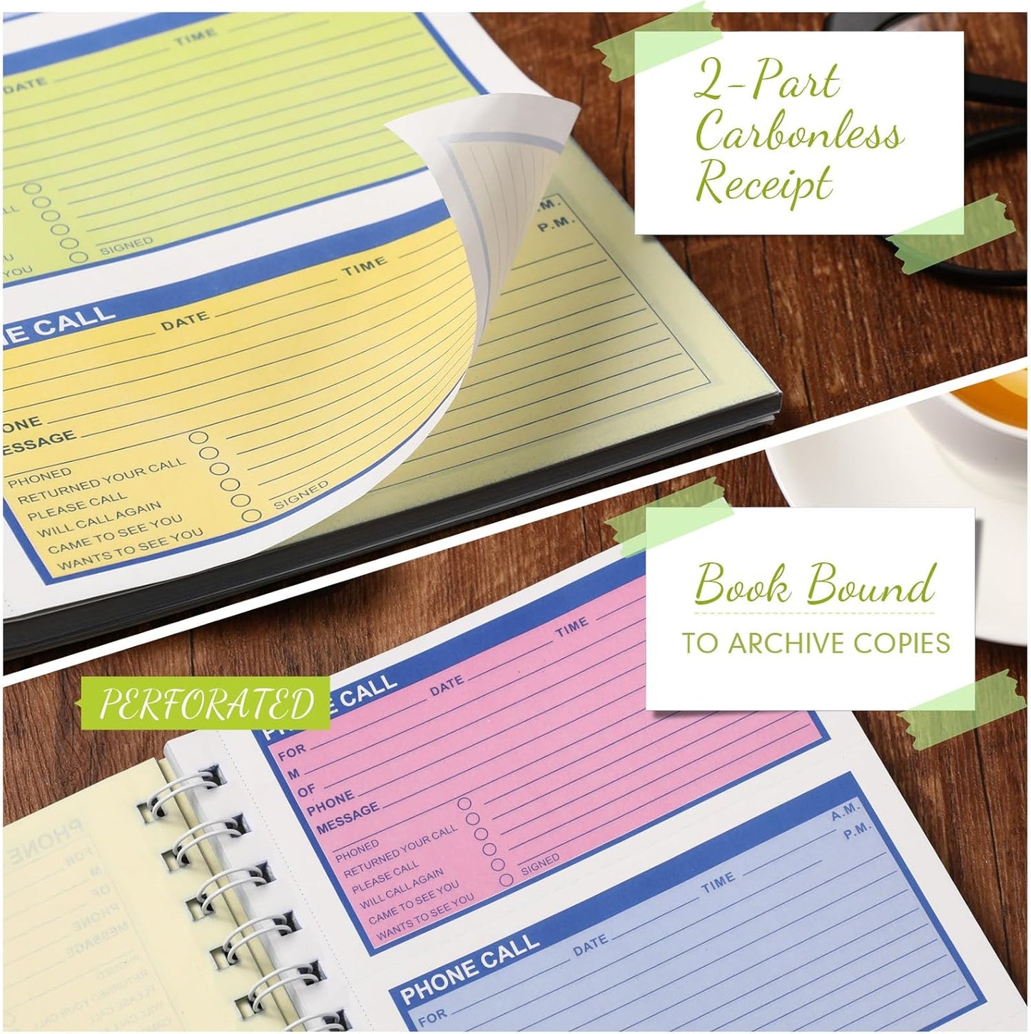 Sinmoe 10 Pcs Spiral Bound Phone Message Book with Carbon Copy 5-1/2" x 11" 2 Part Colorful Carbonless Telephone Message Pads Duplicate Spiral Phone Call Log Book for Business Office (Green,Blue)