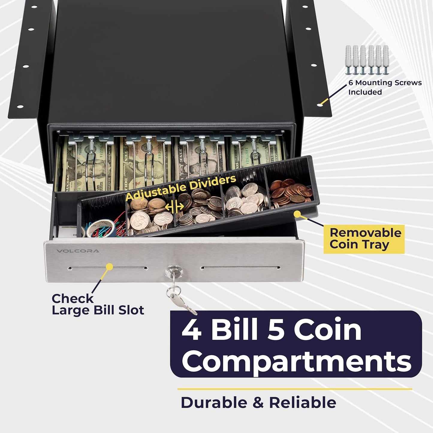 Volcora Cash Register Drawer with Under Counter Mounting Bracket - 13" Cash Drawer for POS, Stainless Steel Front 4 Bill 5 Coin Cash Tray, Removable Coin Tray, 24V RJ11/RJ12 Key-Lock, 2 Media Slots