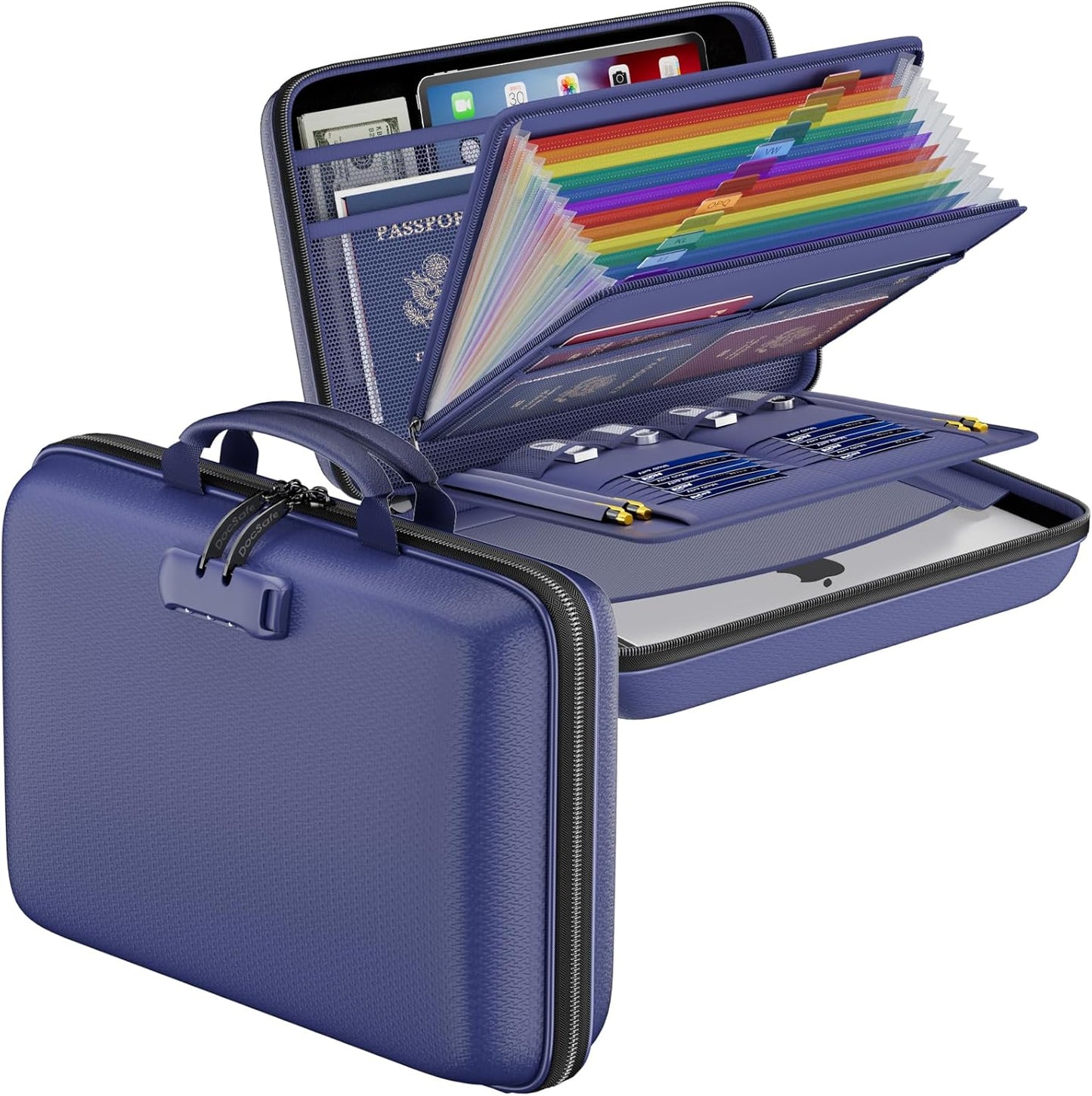 DocSafe Fireproof File Organizer with Lock, Hard-Shell Case Fireproof Document Box with 13 Pocket Accordion File Folder, Portable Home Office Travel Safe Storage for Important Documents Laptop Blue