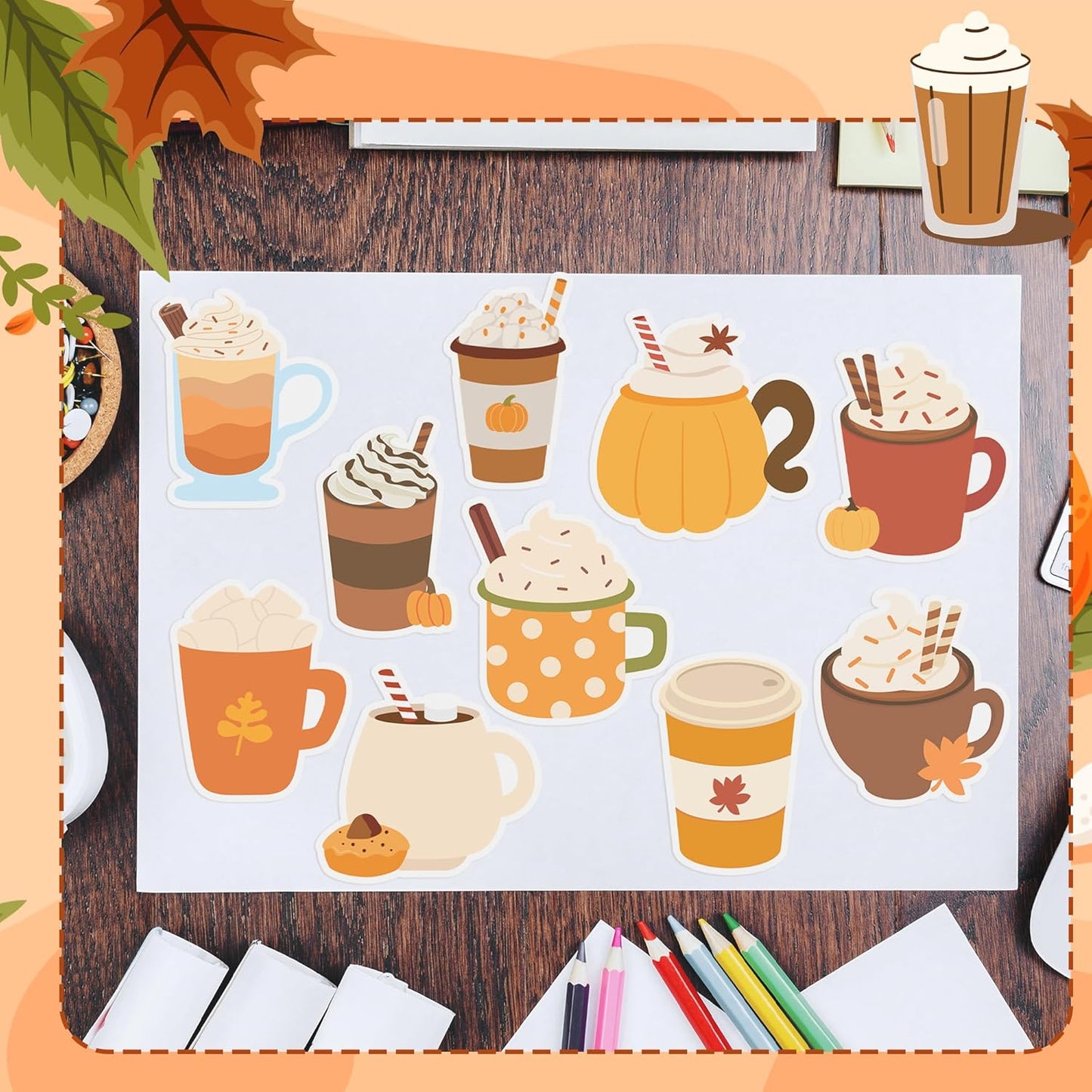 Xqumoi 30 Pack Fall Coffee Cup Sticky Notes - Autumn Maple Leaf Pumpkin Self Sticky Writing Memo Pads for Latte Lover Office School Class Student Kids Gift Thanksgiving Party Favors Goodies Bag Filler