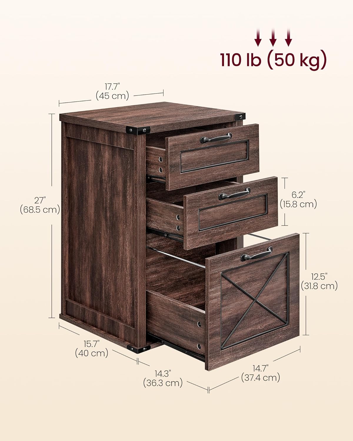 VASAGLE File Cabinet, Filing Cabinet with 3 Drawers, Printer Stand, Fit A4, Letter Size, Hanging File Folders, Modern Farmhouse Style, for Home Office, Maroon Brown UOFC054K02