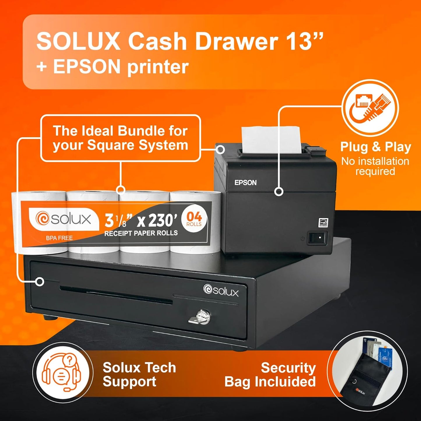 POS Hardware Bundle for Square System - 13" Cash Drawer, Thermal Receipt Printer, POS Systems for Small Business - Cash Register With Receipt Paper and Printer