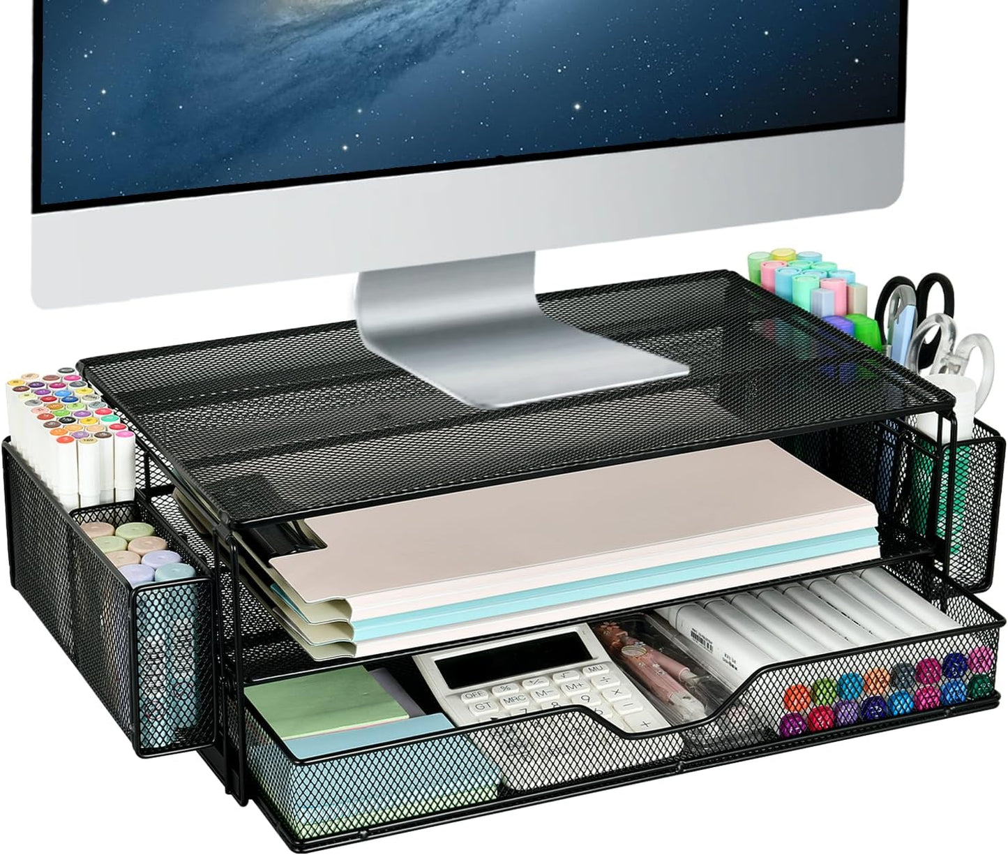 AUPSEN 2 Tier Computer Monitor Stands with Drawer and 2 Pencil Holder, Metal Monitor Stand Monitor riser, Computer Desk Organizer and Accessories for Laptop, Computer, Printer, Office Supplies(Black)