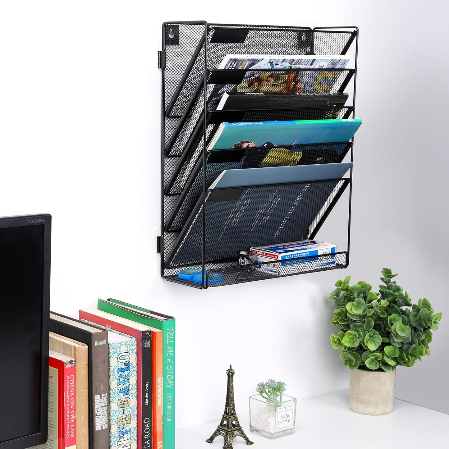 EasyPAG 5-Tier Wall File Holder, Mesh Hanging Folder Organizer with Classify Label, Versatile Desk File Organizer for Office Home, Vertical Wall Mounted Mail Sorter, Easy Assembly, 2 Pack Black