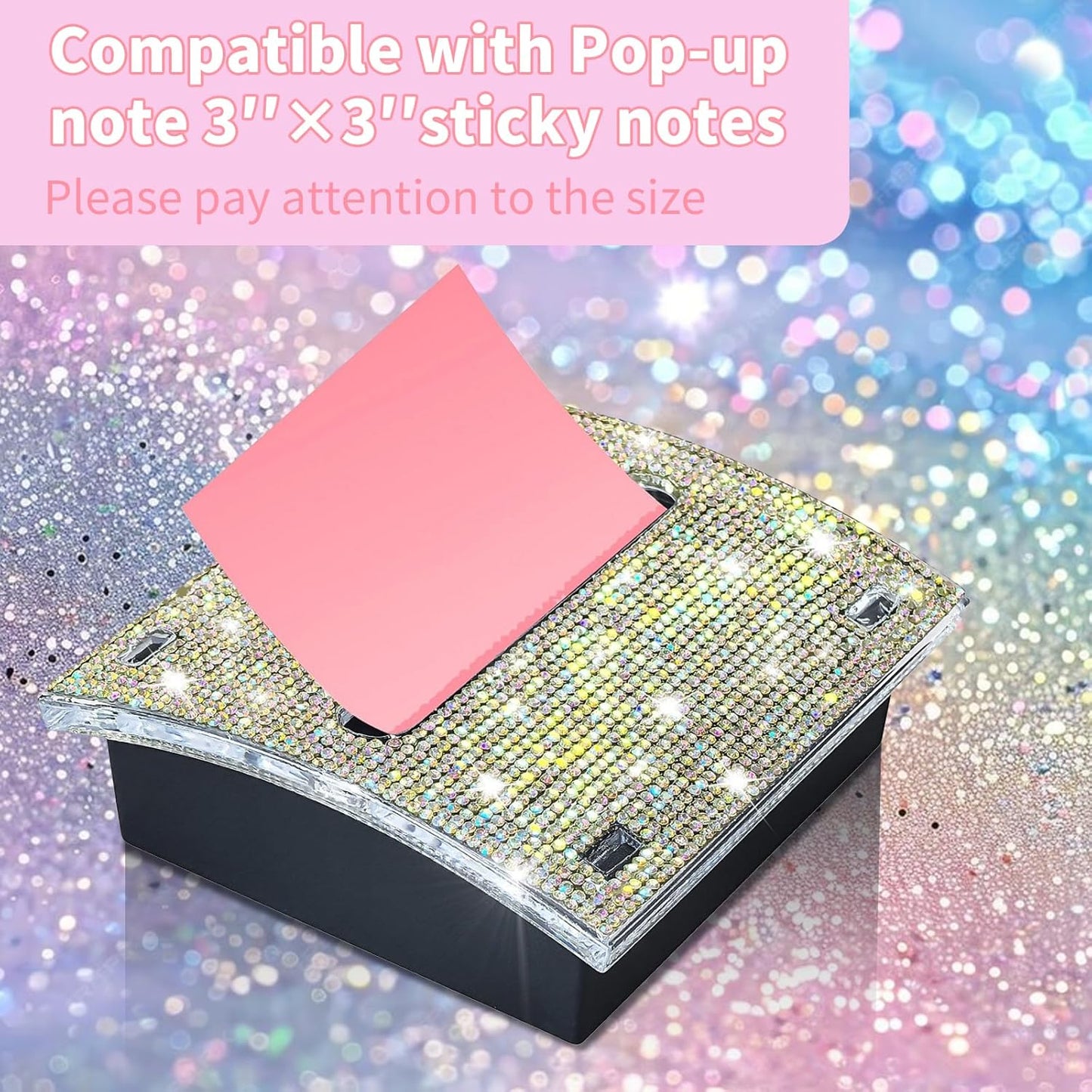 Rhinestone Self Sticky Note Holder Post it Note Dispenser Pop-Up Sticky Notes Dispenser 3 x 3 inch Post it Dispenser for Office Desk Accessories(Gold)