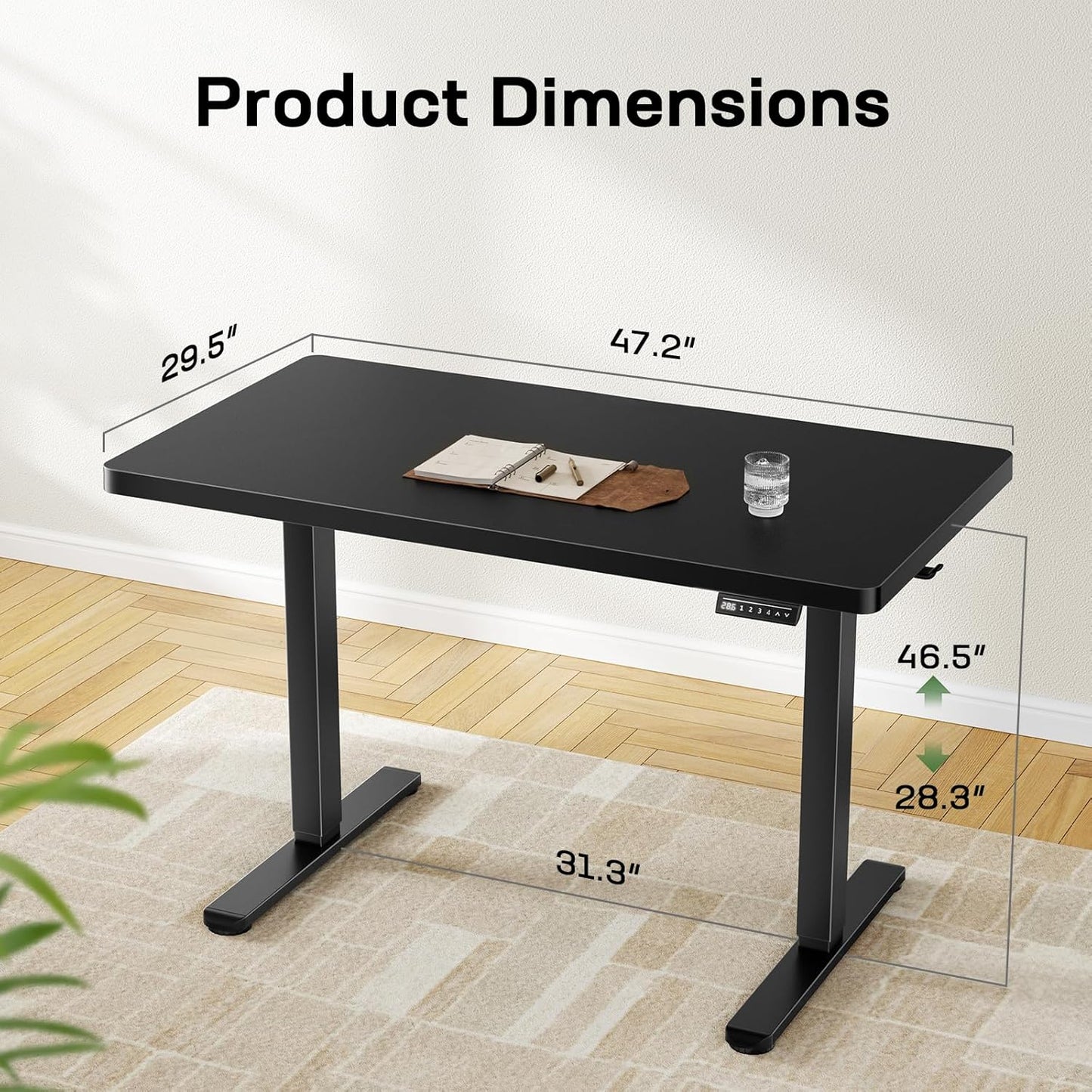 Marsail 48 x 30 Electric Standing Desk with One-Piece Desktop, Sit Stand Desk with Thickened Tabletop, Height Adjustable Stand Up Desk with Cable Management for Home Office(Frame+Desktop, 2 Packages)