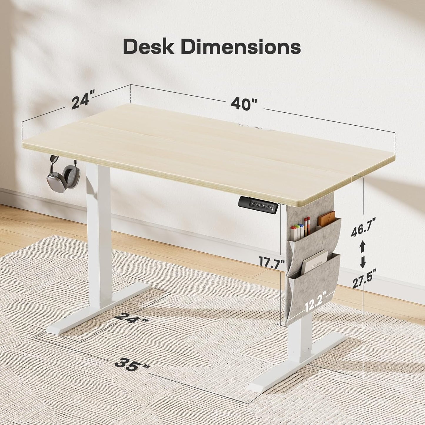 HUANUO Electric Standing Desk, 40 x 24 Inch Height Adjustable Computer Desk with Storage Bag, 4 Height Memory Settings, Sit Stand Up Desk for Home Office, Light Walnut