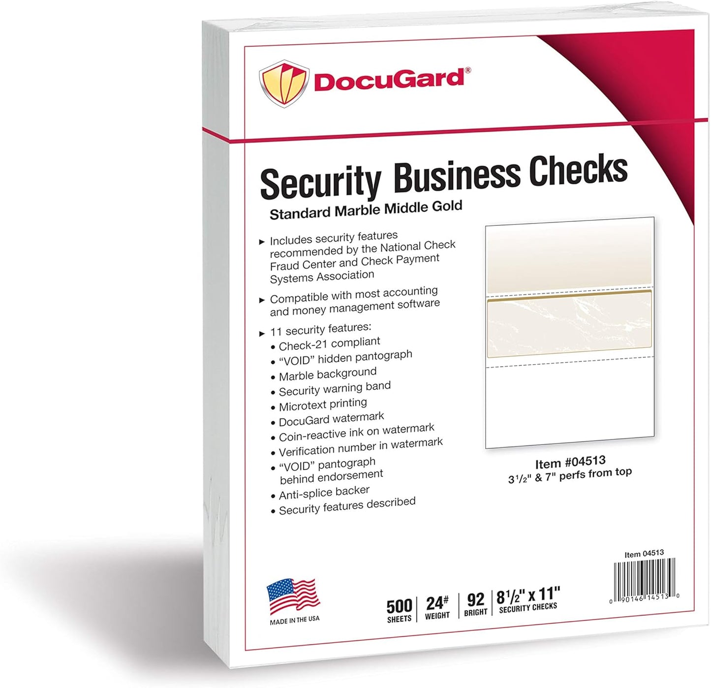 DocuGard Standard Gold Marble Middle High Security Check Paper - Laser/Inkjet Printer Compatible - 11 Security Features - 500 Blank Business Checks (04513)