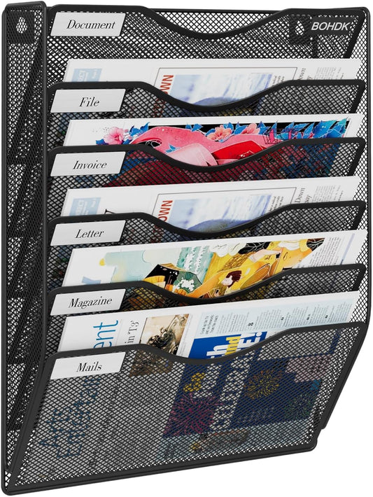 Wall File Organizer, 6 Tier Hanging File Folder Mail Organizer, Vertical Mesh Metal Wall Mount Hanging File Holder, Paper Document Magazine Rack for Home Office Black
