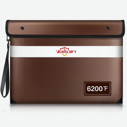 Vailoin 6200°F Heat Insulated Fire proof Money Bag with Soft Leather Hand Strap, FireProof Pouch with Water Resistant Zippe,Fire and Waterproof Envelope for Cash,Valuables,Jewelry(13.9"x10.6"，Brown)