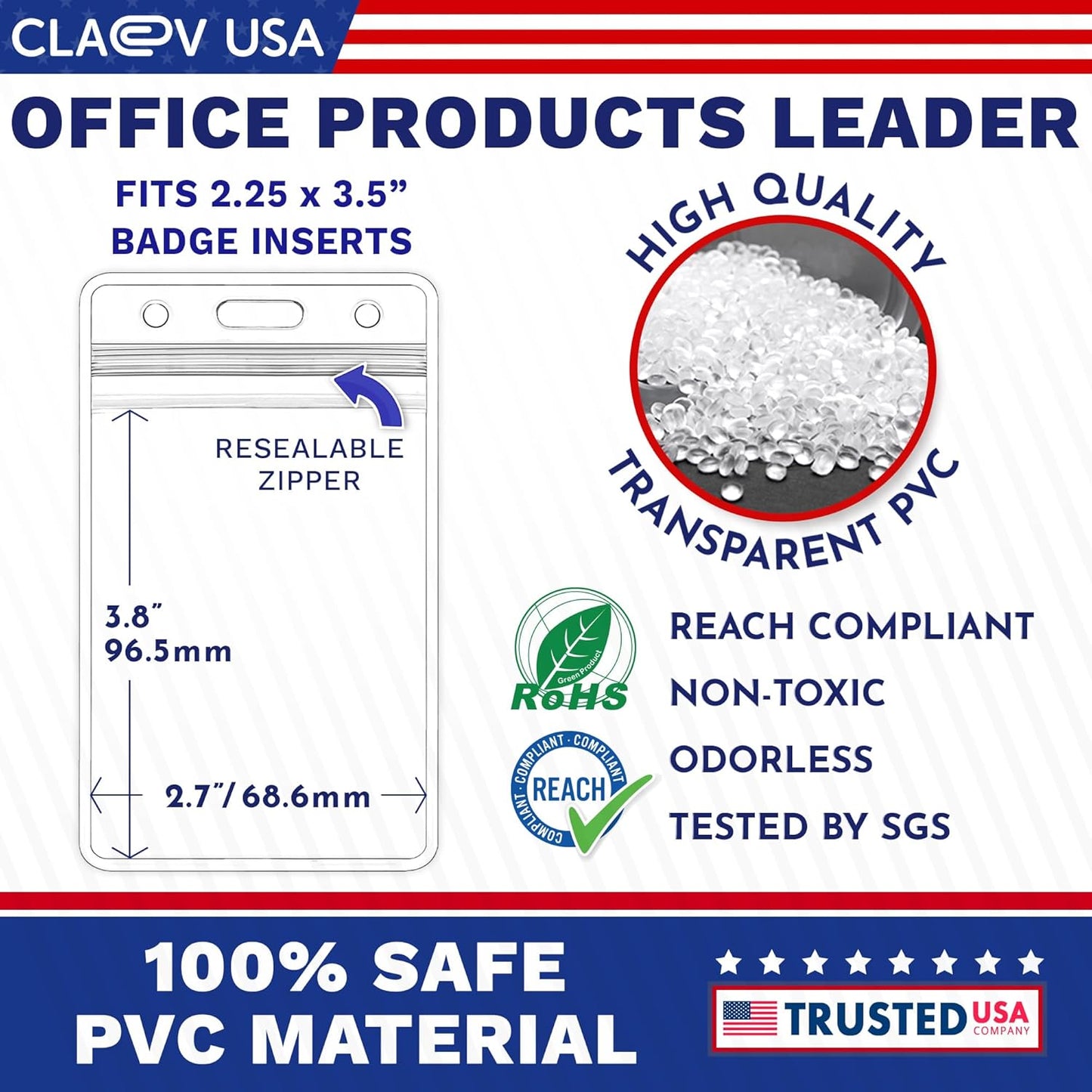 Claev Fast Seal Vertical ID Badge Holders (2.25x3.5 inch Standard, 100 Pack), Clear Waterproof Plastic Name Card Holders for Conferences, Conventions, Offices & Schools