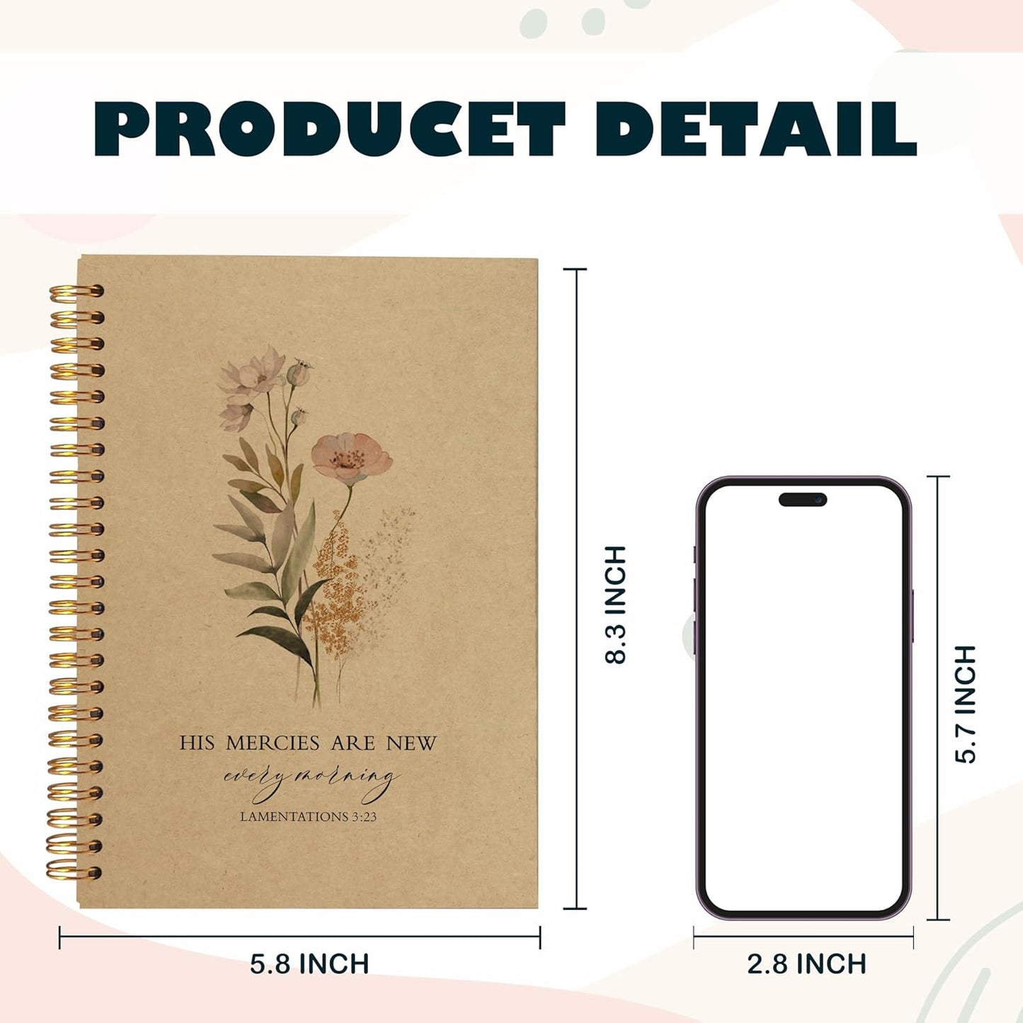 BearCake Floral Christian Notebook Journal, Christian Gifts for Women, Bible Notebooks for Note Taking, Bible Journaling Notebook, Hardcover Spiral Notebook 5.5x8.3 kraft paper