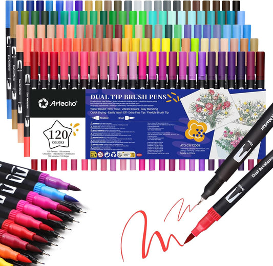 Artecho 120 Colors Markers for Adult Coloring Books No Bleeding, Dual Tip Markers for School, Fine and Brush Tip for Adults Coloring Books, Calligraphy, Drawing, Sketching