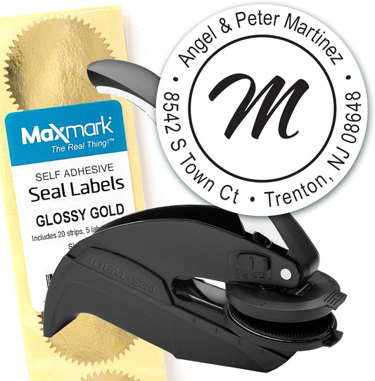 Custom Monogram Address Embosser - Personalized Round Seal with 50 Gold Seal Labels - Style EM020
