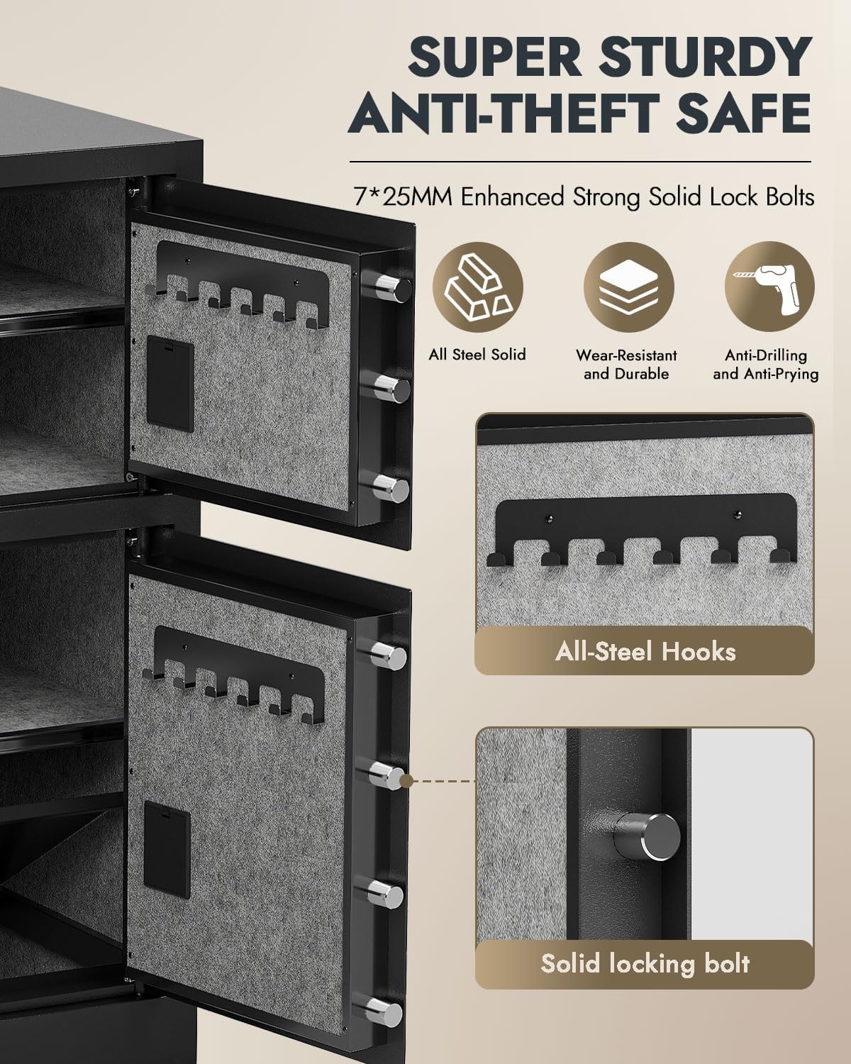 8.6 Cuft Heavy Duty Dual Door Safe Box with Hidden Lock Box Fireproof Waterproof Bag,Removable Shelves,Silent,Fireproof safe for Home, Office, Hotel (8.6 Cuft Double Door Safe)