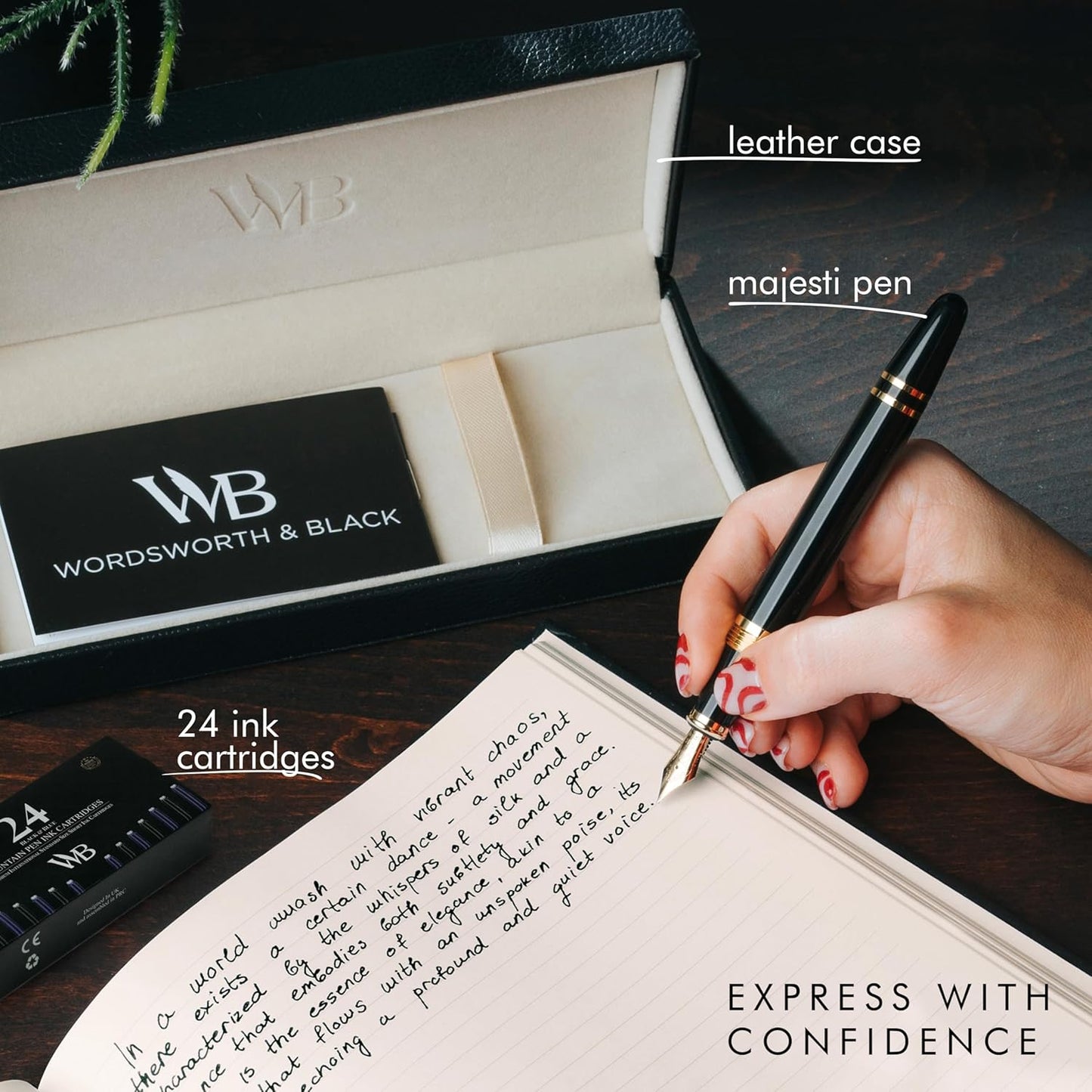 Wordsworth & Black Majesti Fountain Pen-(Black) Luxury Case, 24K Gold Finish; 18K Gilded Extra Fine Nib- Ink Cartridges, Refillable Ink Converter-Calligraphy Pen-Best Business Gift Set for Men & Women