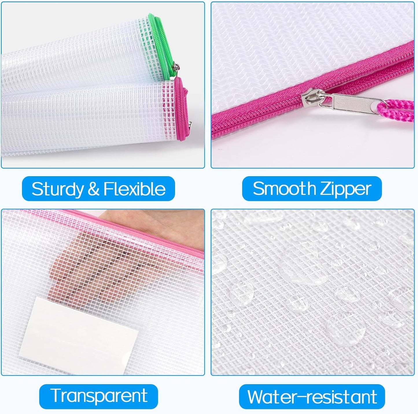 Sooez 14 Pack Mesh Zipper Pouch Bags, A4 Letter Size, Zipper Bags with Label Pocket, Waterproof Pouches for Classroom Organization, Board Game Storage, Document Bag for Teacher School Office Supplies