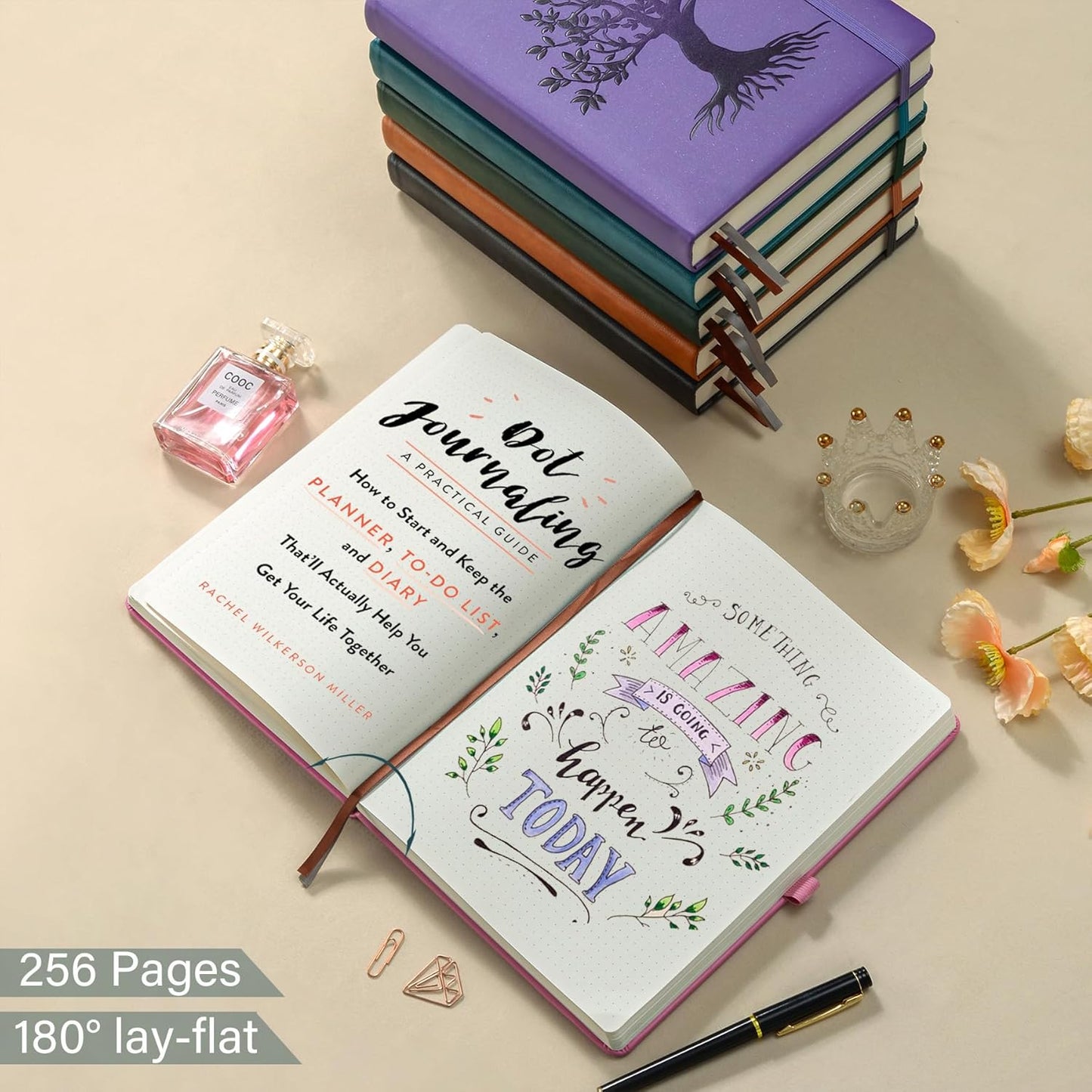 ZXHQ Elegant B5 Dot Grid Journal - 150 GSM Thick Paper 256 Pages Bullet Dotted Journal, Chic Tree of Life Design, Durable Hardcover, Inner Pocket - Pink, 7.7" x 10"