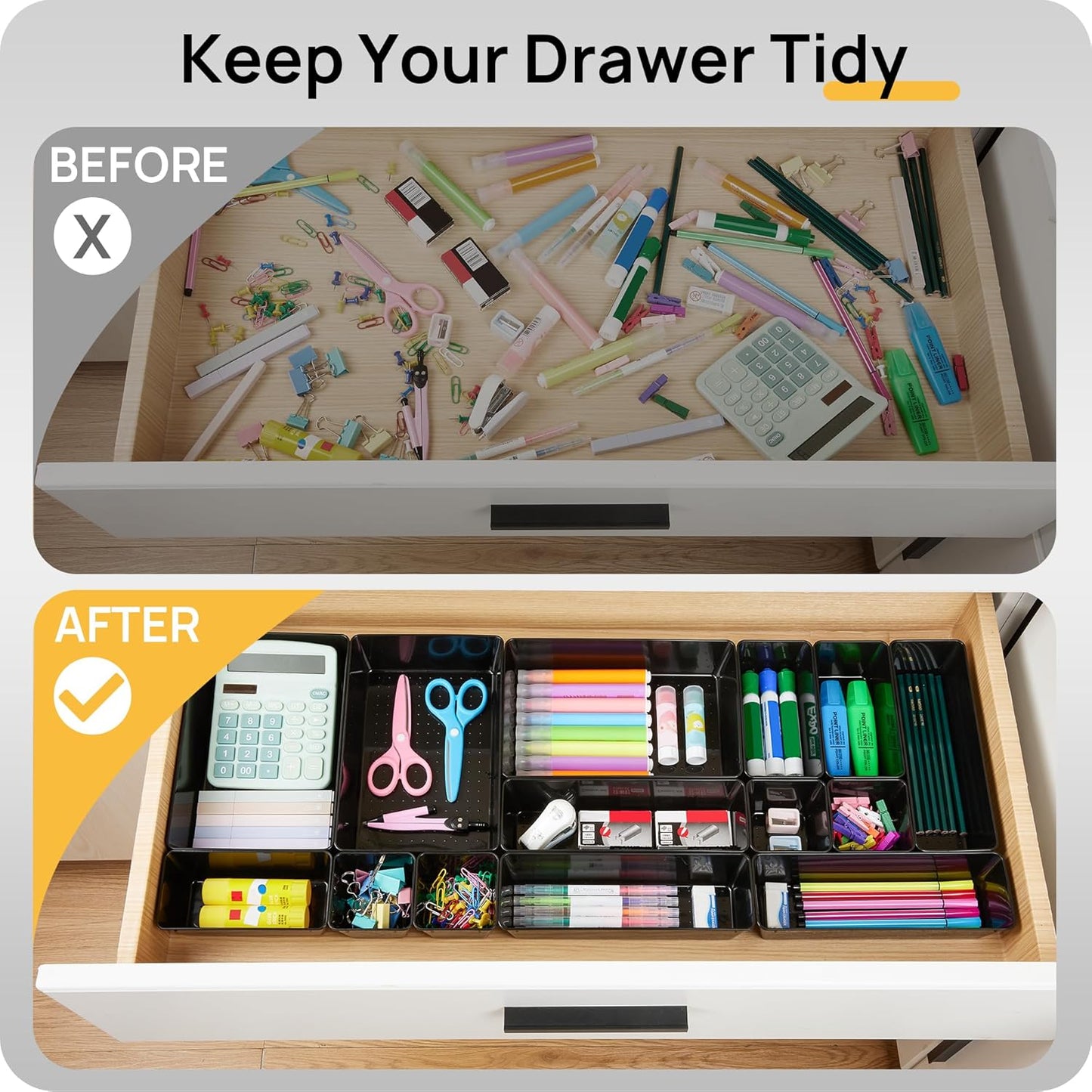 Vtopmart 44 PCS Plastic Drawer Organizers Set, 4-Size Versatile Bathroom and Vanity Organizer Trays, Non-Slip Storage Containers for Makeup, Jewelries, Bedroom，Kitchen Utensils and Office, Black
