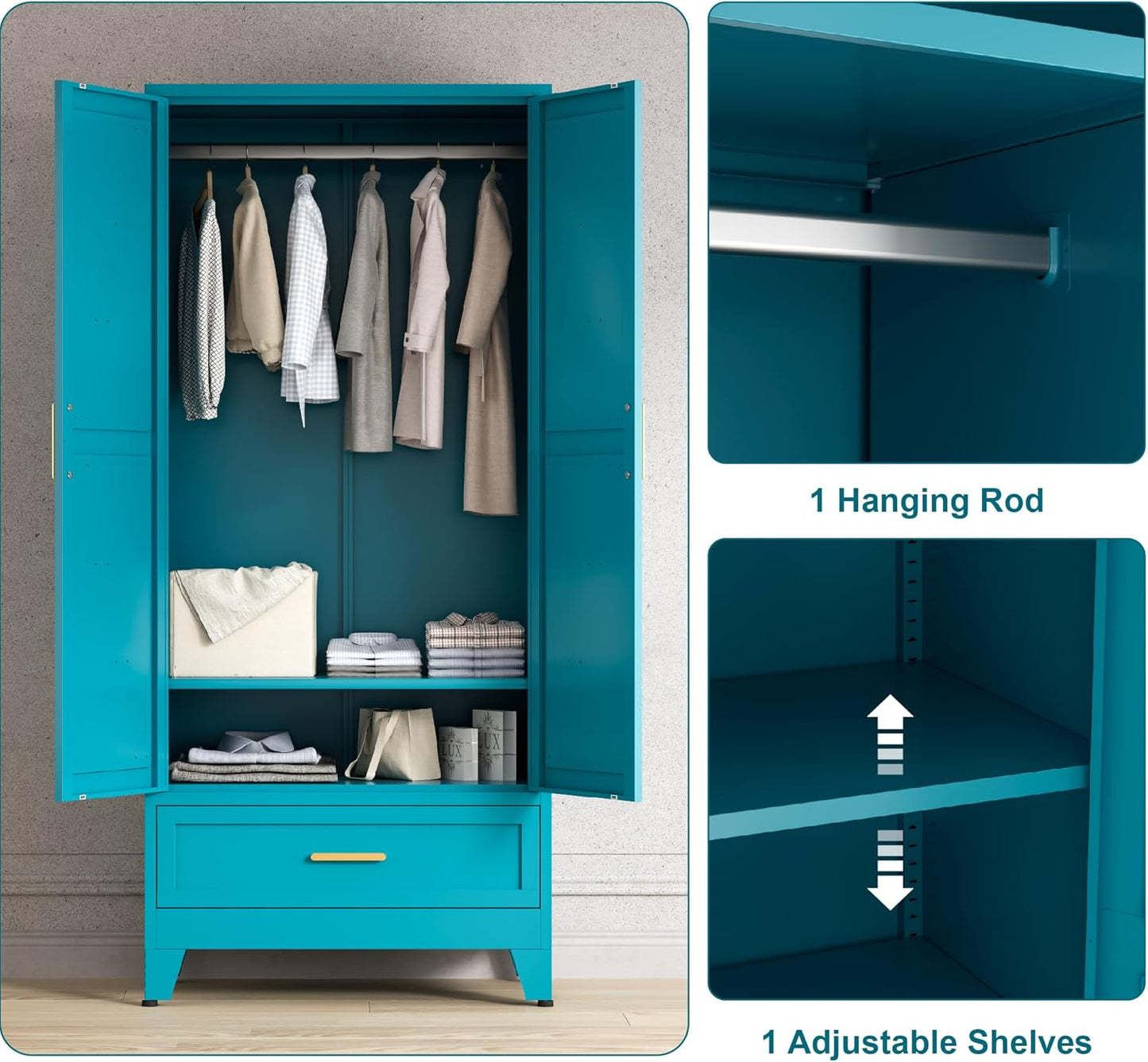 71'' Farmhouse Metal Wardrobe Cabinet with Hanging Rod, 2 Barn Door Wardrobe Closet with Adjustable Shelves,Drawer,for Dining Room,Bedroom,Living Room, Cloak Room,Office (Peacock Blue)