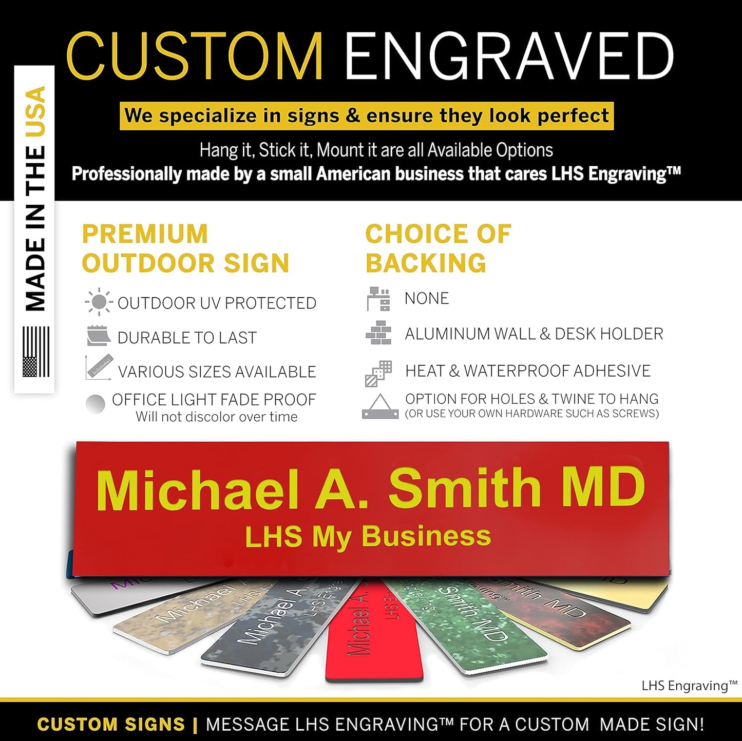 Door Name Plate Personalized for Office Red Plastic Name Plate with Yellow Letters - Made in USA 2x10 B22