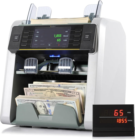 KOLIBRI Money Counter Machine, Signature Bank-Grade Mixed Denomination | 2-Pocket Cash Counter Machine, Currency Discriminator | 3-Year Manufacturer's Warranty | 2 CIS UV/MG IR/MT SN/DV IRT