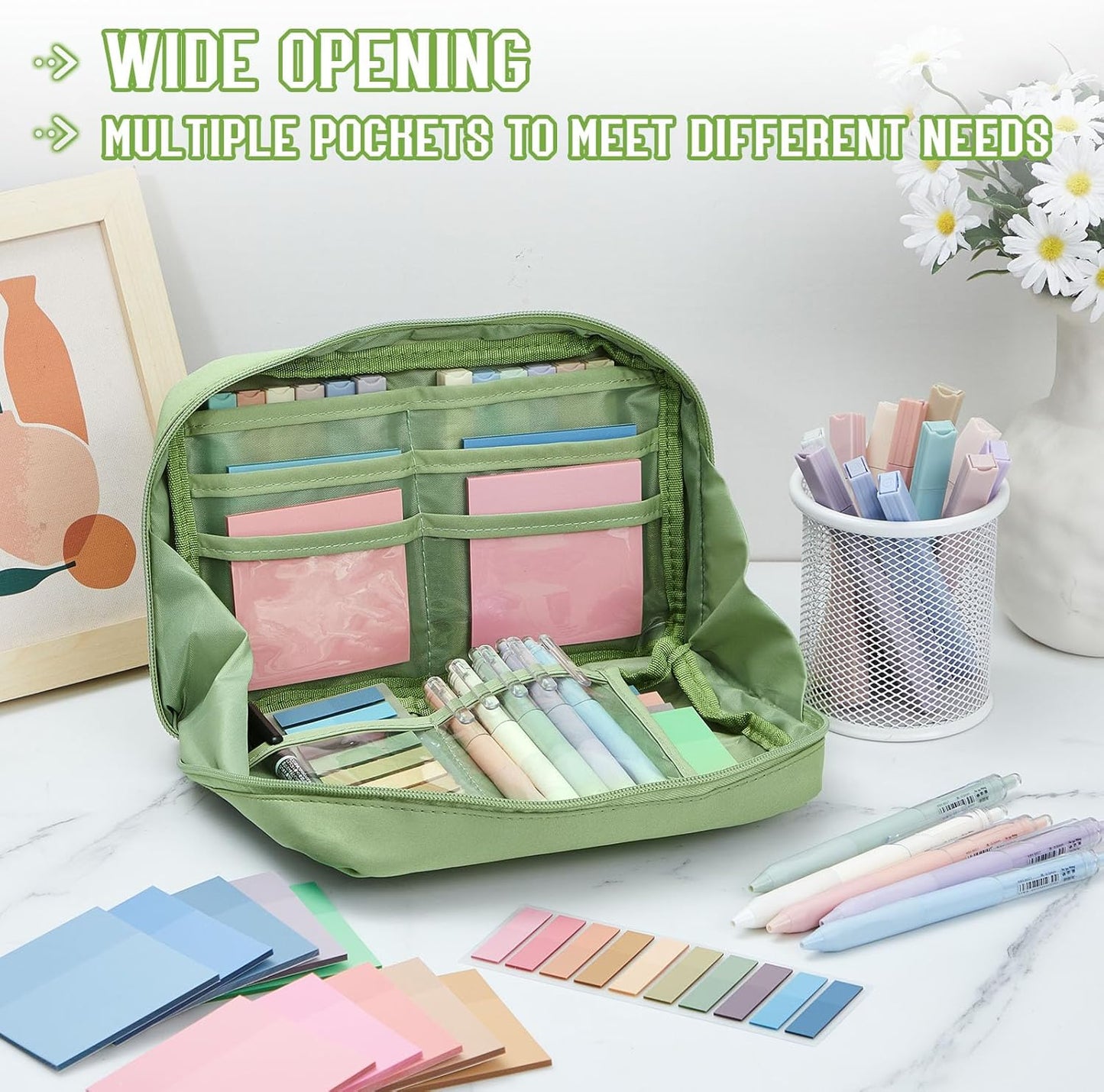 Jutom 39 Pcs Aesthetic Book Annotation Kit Highlighter with Pencil Case Bag Gel Pen Transparent Sticky Note Taking Bible Study College School Supplies(Green,Kawaii Style)
