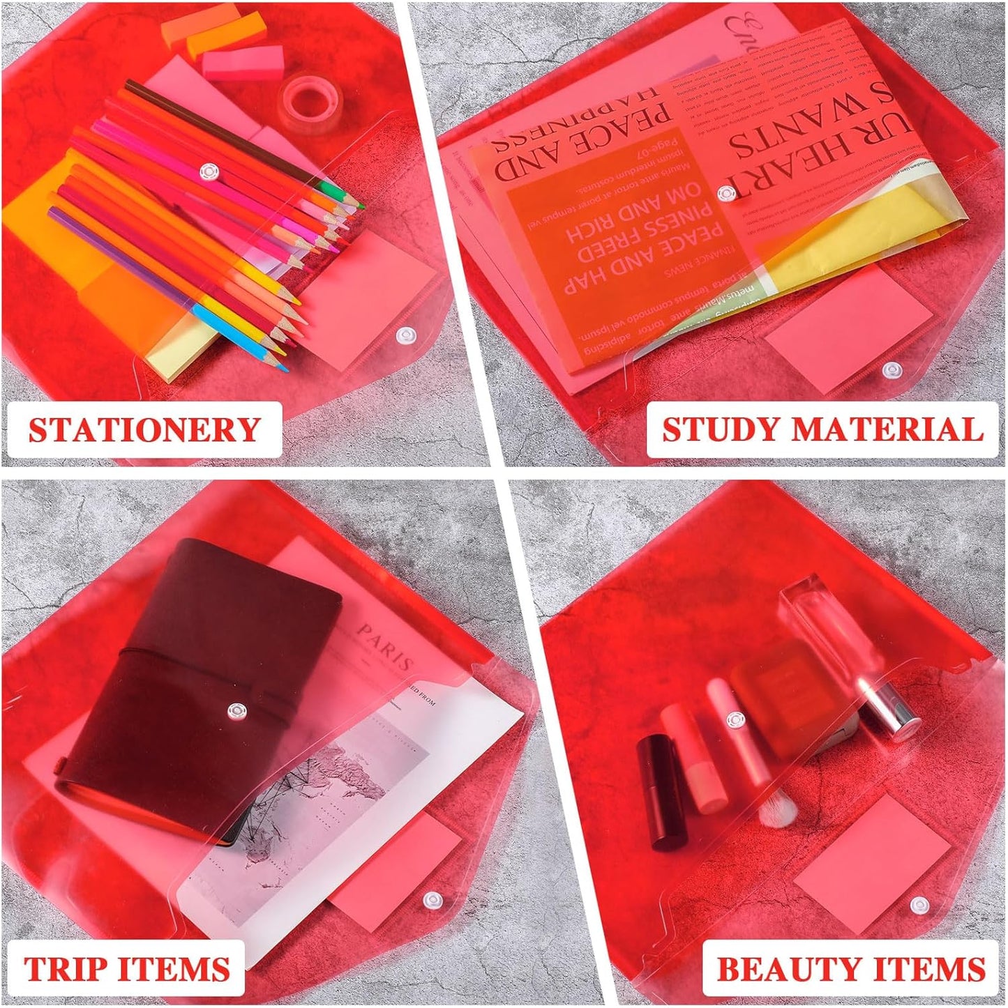 Lincia Plastic Envelopes A4 Size Poly Envelopes File Folders Work Document Holder Office Paper Plastic File Organizer with Label Pocket Snap Button Home Bag for School (Clear Red,48 Pcs)
