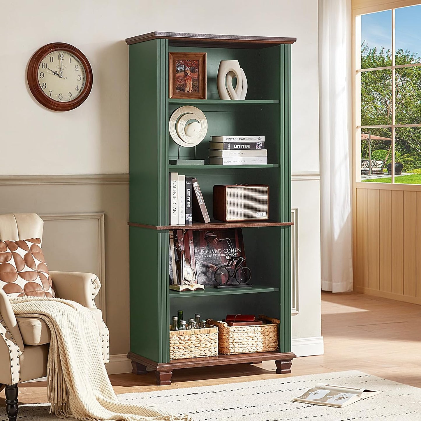 70" Tall Green Bookshelf,5 Tier Wooden Book Shelf with Adjustable Shelves & Wood Legs,Free Standing Farmhouse Bookcase with Open Display Storage,Vintage Bookshelves for Library, 2PCS